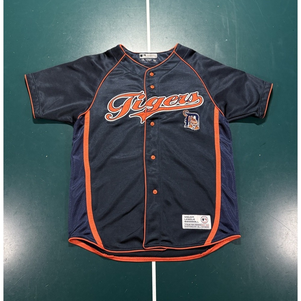 Detroit Tigers MLB Baseball Jersey Youth Size Large Embroidered Satin Navy Blue